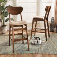 Baxton Studio RH378BP-SandWalnut Bent Seat-BS Baxton Studio Katya Mid-Century Modern Sand Fabric Upholstered and Walnut Brown Finished Wood 2-Piece Bar Stool Set